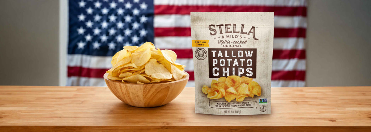 Stella & Milo's Tallow Potato Chips with a bowl of chips in front of an American flag