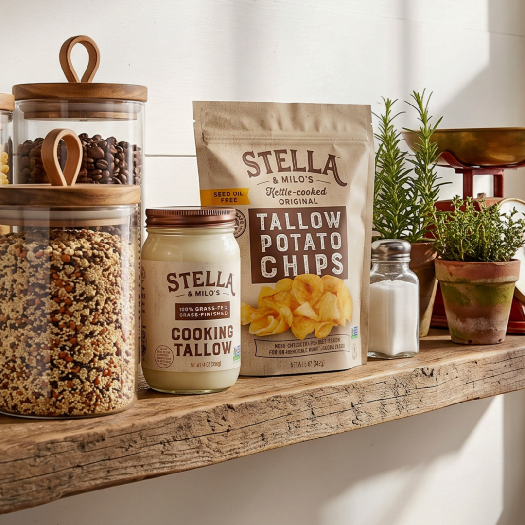 Stella & Milo's Tallow Potato Chips and Cooking Tallow displayed on a kitchen shelf