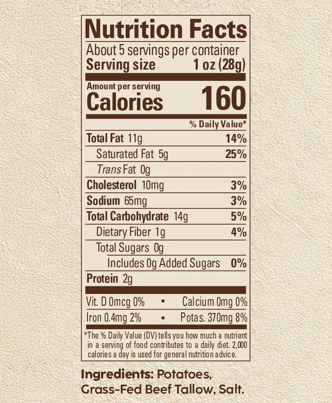 Stella & Milo's Kettle-cooked Tallow Potato Chips Nutrition Facts Panel and Ingredients