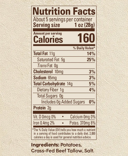 Stella & Milo's Kettle-cooked Tallow Potato Chips Nutrition Facts Panel and Ingredients