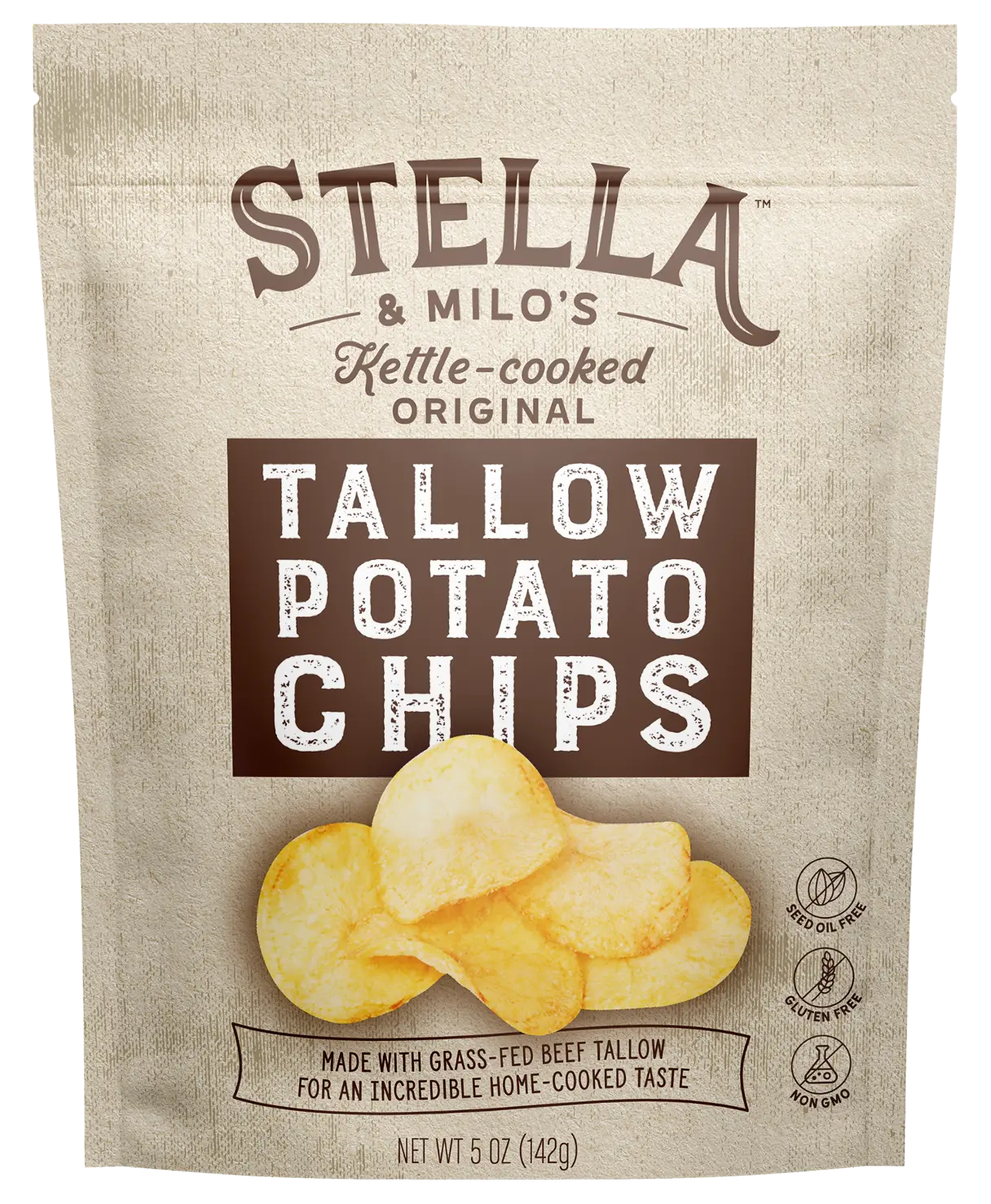 Stella & Milo's Kettle-cooked Tallow Potato Chips front of package