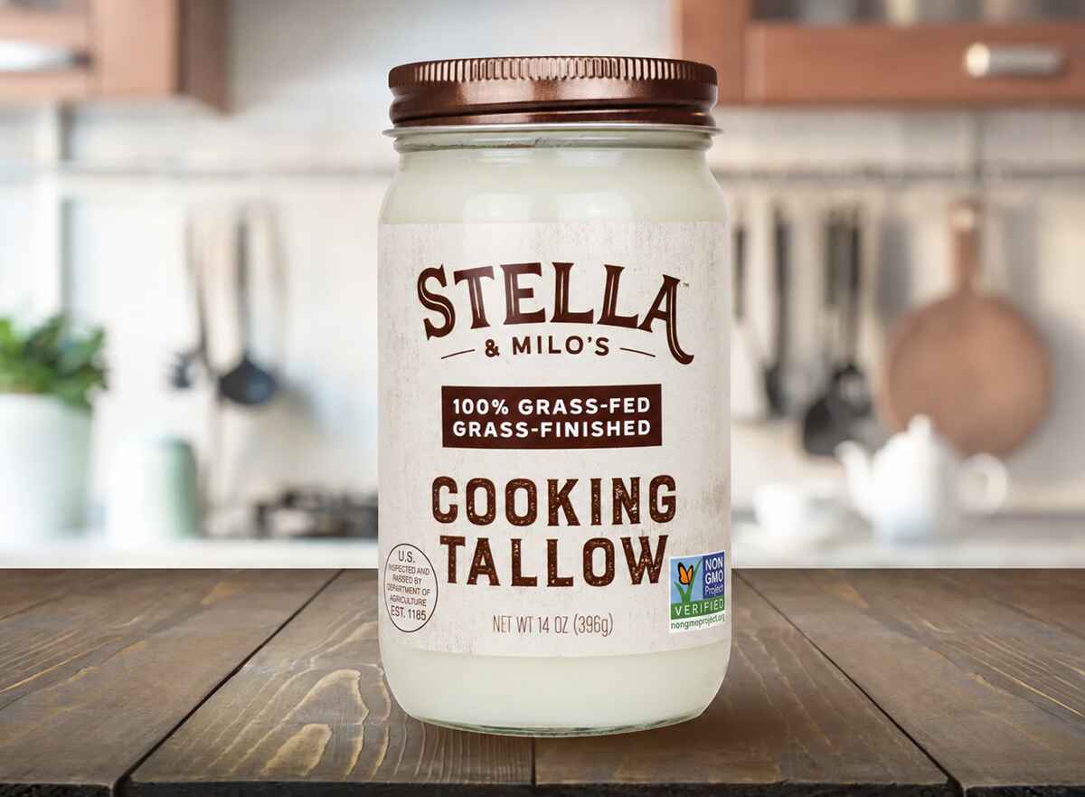 Stella & Milo's grass-fed cooking tallow jar in a kitchen